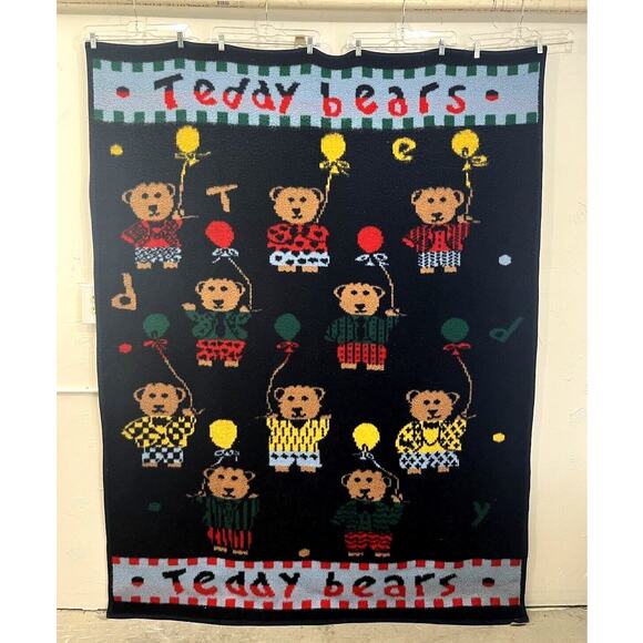 Vintage Crown Crafts Blanket Teddy Bear Reversible Yugoslavia Balloons Vuteks Bl - Picture 1 of 14